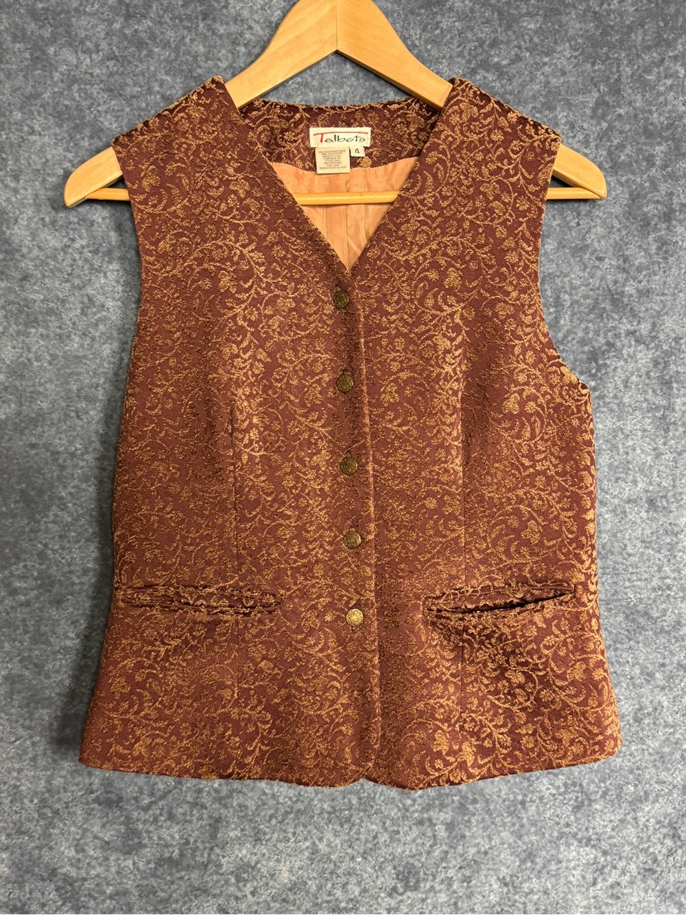 Talbots Textured Floral Jacquard Vest in Rust and Gold Tones